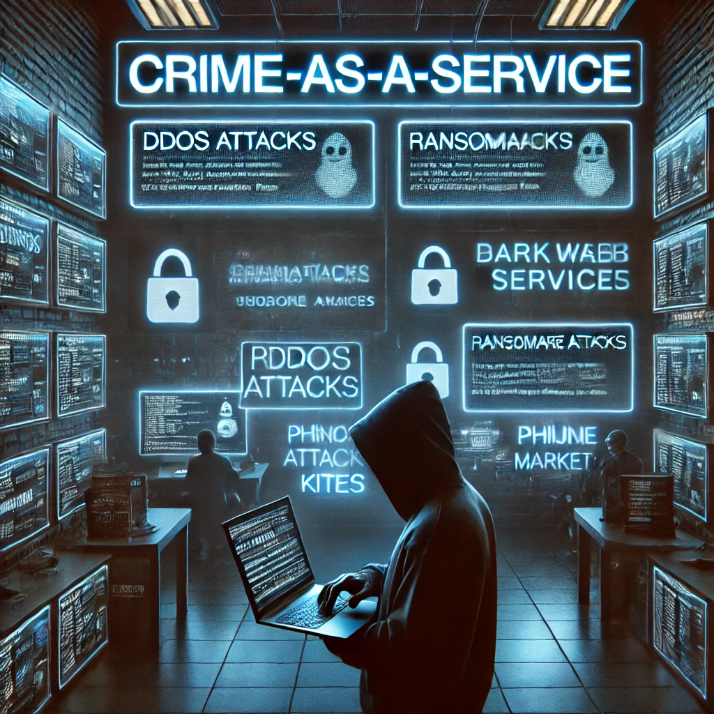 A conceptual scene representing 'Crime-as-a-Service'_ A dark web cyber marketplace